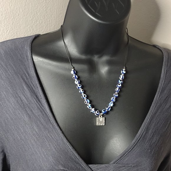 Weird Blue Eyeball Bead Adjustable Length Necklace With Letter M Pendant - Picture 1 of 11